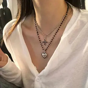 2PCS Black Silver Layered Choker Necklace for Women, Gothic  Cross & Heart Pendant Beaded Chain, Grunge Streetwear Jewelry, Daily Party Accessory, Ideal Birthday Halloween Gift