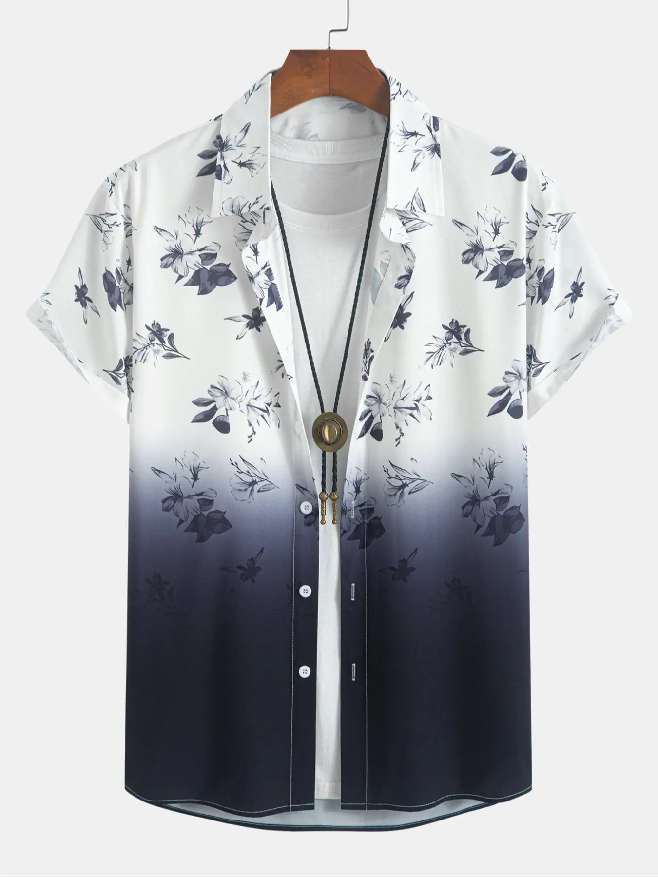 Men's Floral & Ombre Print Short Sleeve Shirt, Regular Fit Casual Button Up Top for Summer, Fashion Men's Clothes for Daily Wear, Boho Casual Shirt, Botanical Shirt, Shortsleeve, Bohemian Casual Wear, Bohemian Style Shirt