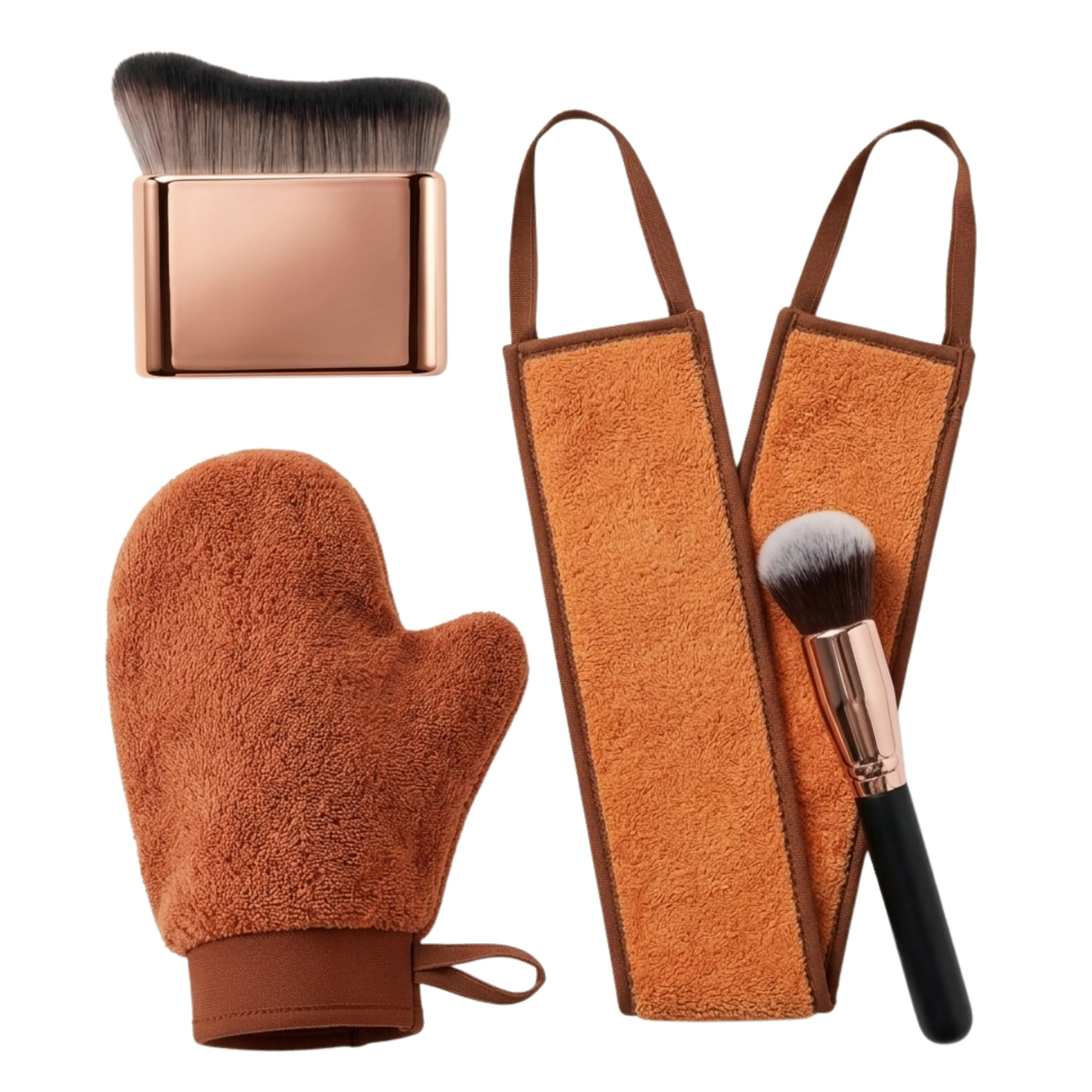 4-Piece Self Tanning Mitt Kit with Back Applicator, Kabuki Brush & Exfoliating Mitt – Streak-Free Sunless Tan Applicator Set