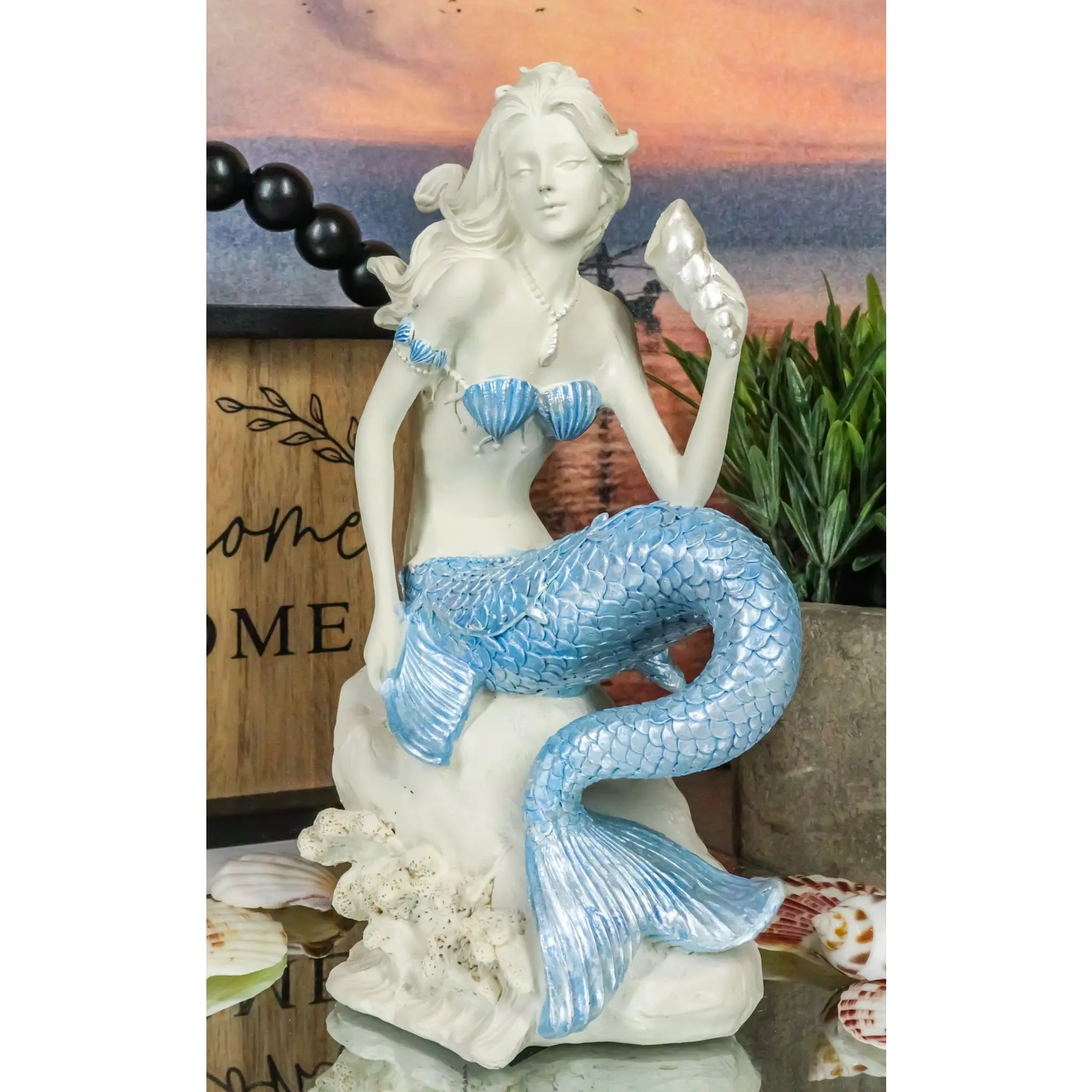 Ebros Ocean Goddess Pretty Mermaid With Blue Tail Holding Conch 8"Tall Figurine