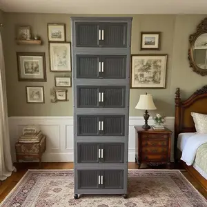 6Layer New(112gallon)Gray 23.62in Foldable Storage Box With Multi-tier & Doors, Stackable Shoes Storage Containers For Sundries, Books, Clothes, Household Storage Organizer For Closet, Wardrobe, Bedroom, Bathroom, Office, Kitchen