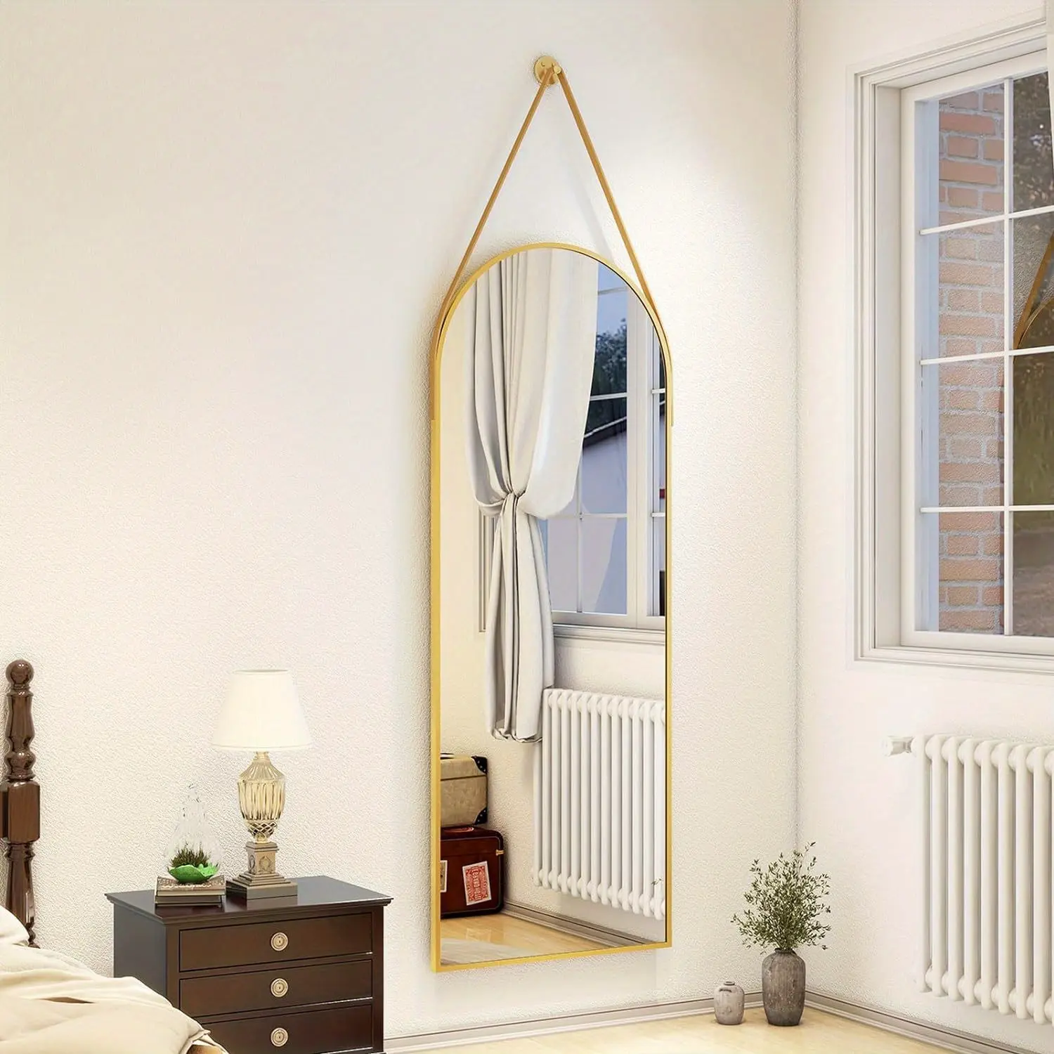 New 16"x48" Gold Arched Full Length Mirror with Hanging Leather Cord Modern Aluminum Frame Full Body Hanging Mirror for Bathroom Vanity Living Room Bedroom Entrance Decor