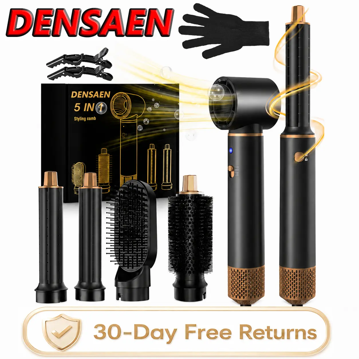 DENSAEN 5-in-1 Air Styler Brush Set, Hot Air Hair Dryer Brush with Curling, Straightening, Drying & Smoothing Attachments, Gloves & Clips Included