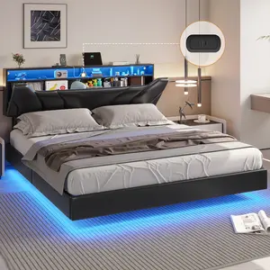 Hasuit California King Floating Led Bed Frame with Hidden Storage Headboard and Charging Station Cal King Size Visual Floating Platform Bed with Led Lights,No Box Spring Needed