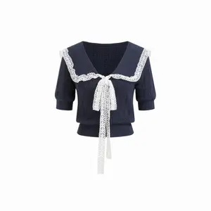 Cider Knit Collar Short Sleeve Lace Top