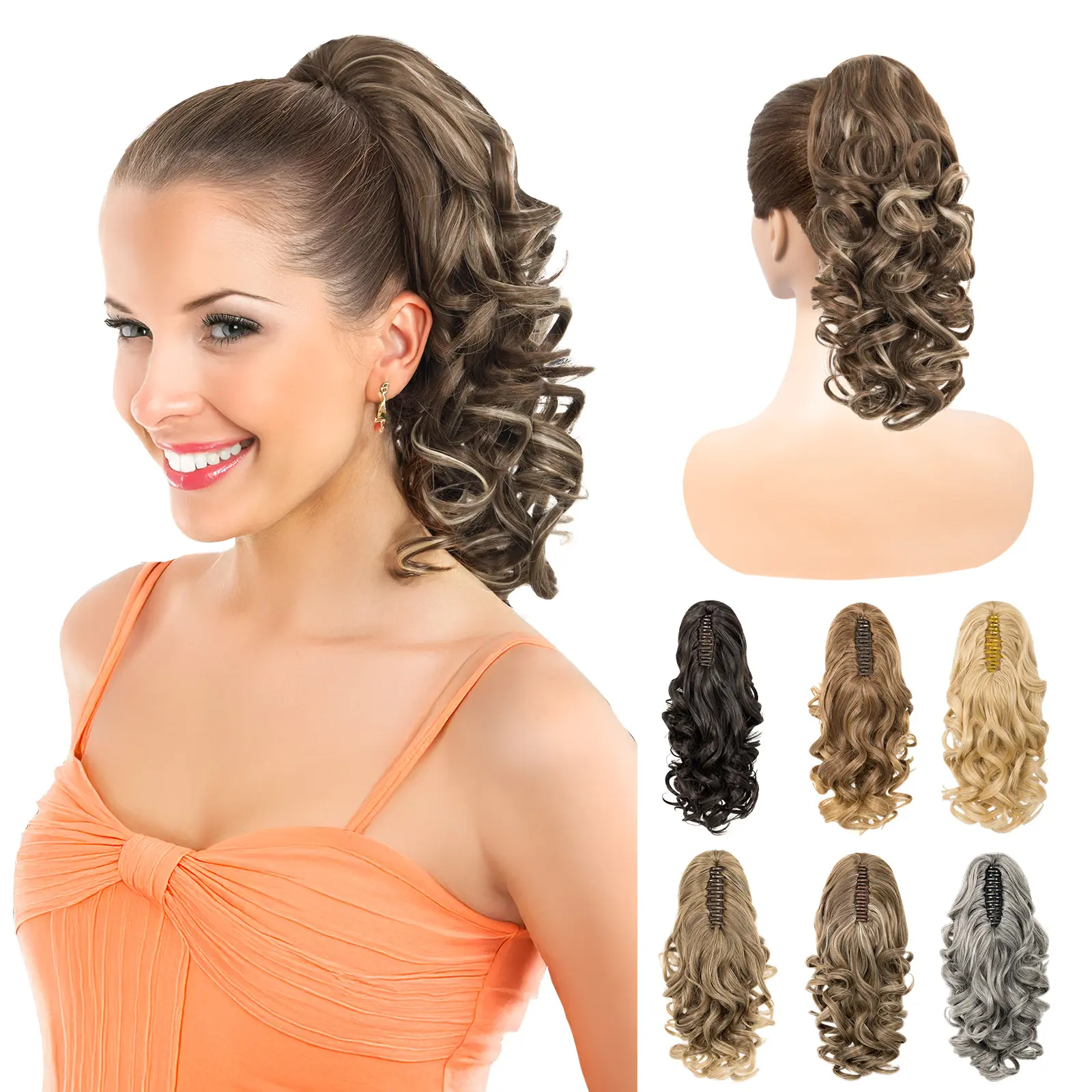 LuxeHair 14" Removable Clip Claw Ponytail Extension, Classic Curly Clip-On, Heat-Resistant Synthetic Fiber, Lightweight for Ponytail Hairstyles, Multi-Color Synthetic Extensions