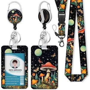 Lanyards for Id Badges, Cute Badge Holder with Retractable Reel Clip, Mushroom Work Name Tag Breakaway Lanyard Vertical ID Card Protector Case for Women Nurse   Teacher Student