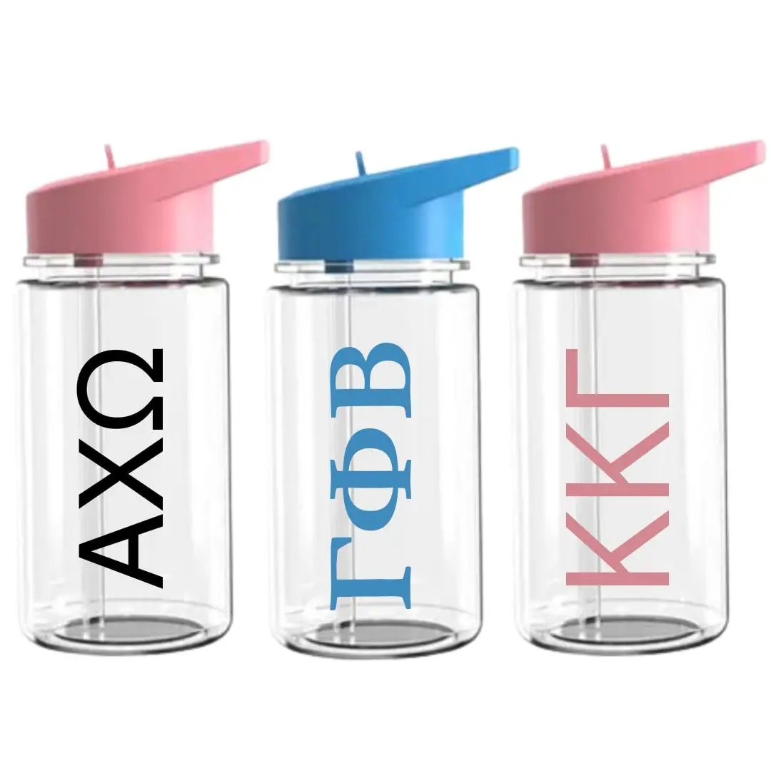 Shelzy's Designs 12 fl oz Customizable Sorority Name Water Bottle with Straw Lid and Personalized Vinyl Lettering Drinkware Plastic Reusable Stylish