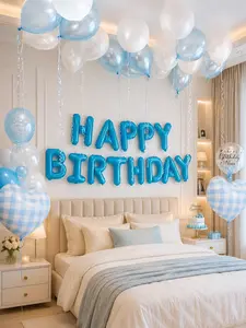 45pcs Light Blue Birthday Balloon Set, 16" Foil Letters, Pearl Blue & White Latex Balloons, Blue Plaid Heart Foil Balloons, Party Decorations for Birthday, Wedding, Graduation, Home Party, Trendy Blue Balloon Decor