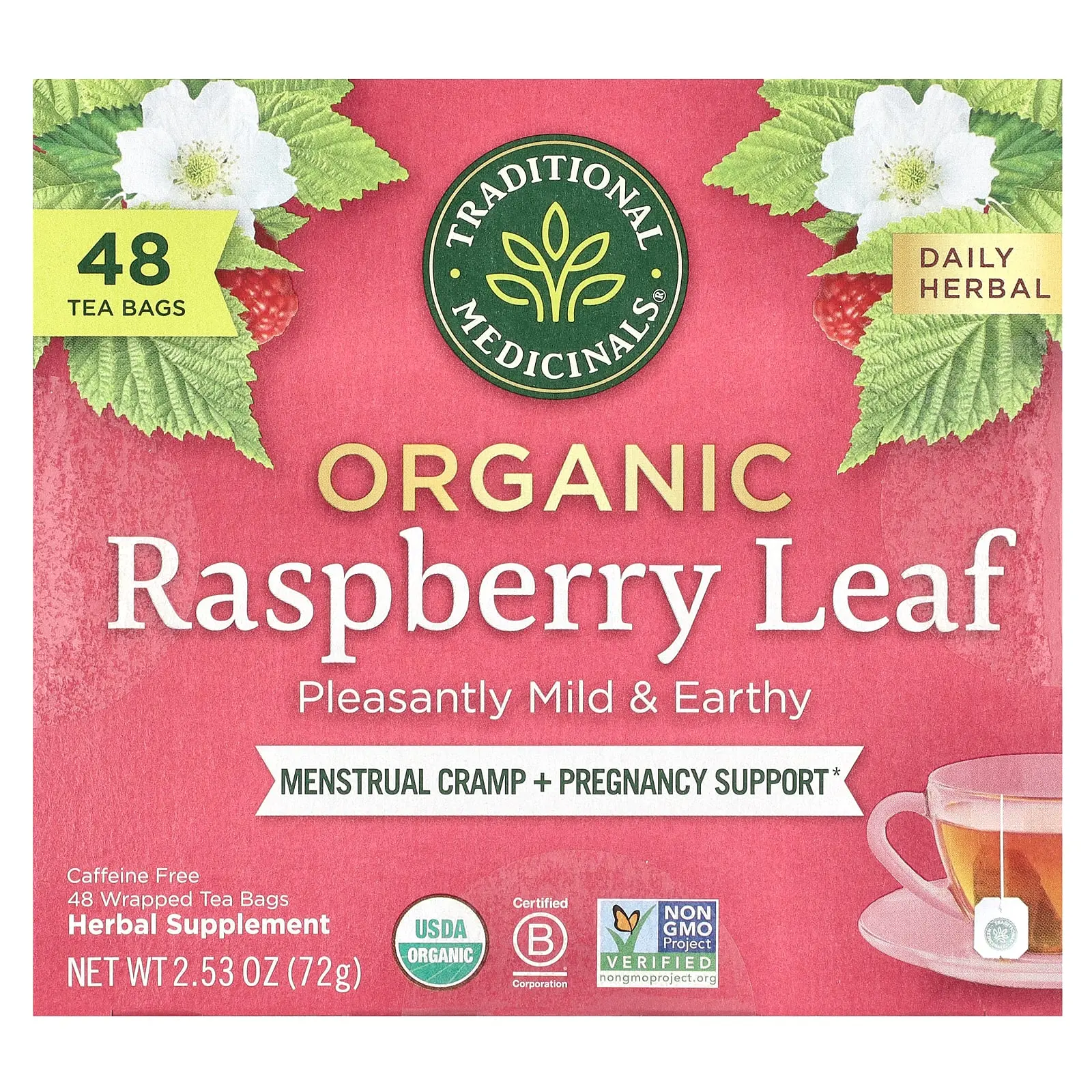 Traditional Medicinals Organic Raspberry Leaf, Caffeine Free, 48 Wrapped Tea Bags, 2.53 oz (72 g)