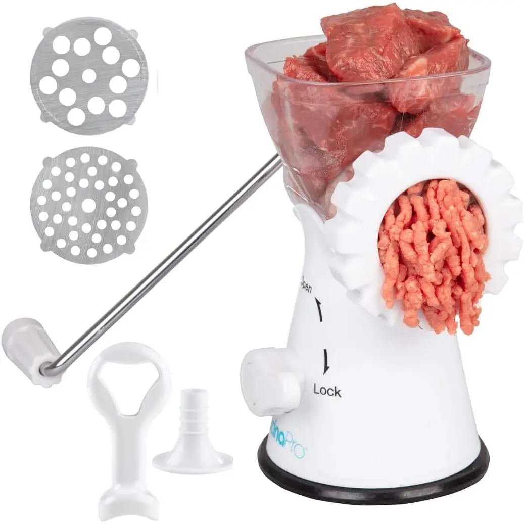 CucinaPro Manual Meat Grinder - Mincer w 2 Stainless Steel Plates, Sausage Attachment, Press, Heavy Duty Suction Base and Dishwasher Safe Design