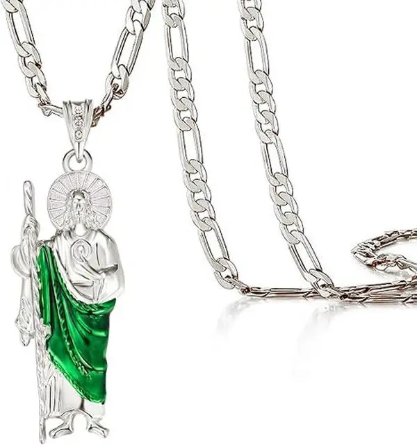 San Judas Tadeo Necklace, 14k Gold Plated, Diamond, Figaro Chain, Unisex, Thanksgiving