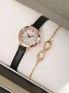 2PCS Women's Versatile, Simple, Compact, Fine Strap, Exquisite Leather Watch Quartz Watch, Casual Trendy Wristwatch, Casual Wristwatch Set