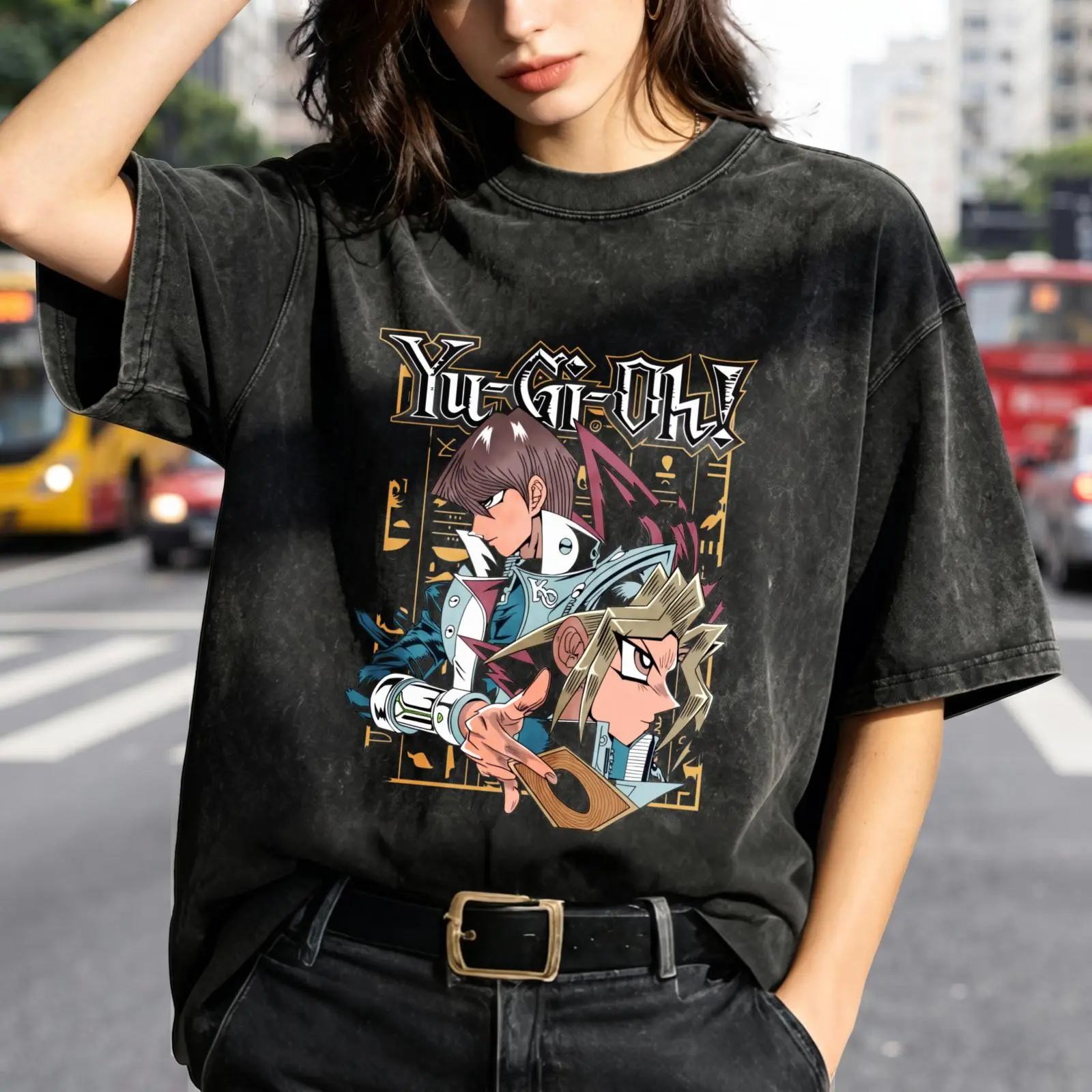 Women's Yu-Gi-Oh Vintage Washed Oversized Graphic T-Shirt - Breathable Soft Short-Sleeve Anime Character Print Casual Outdoor Tops A-1