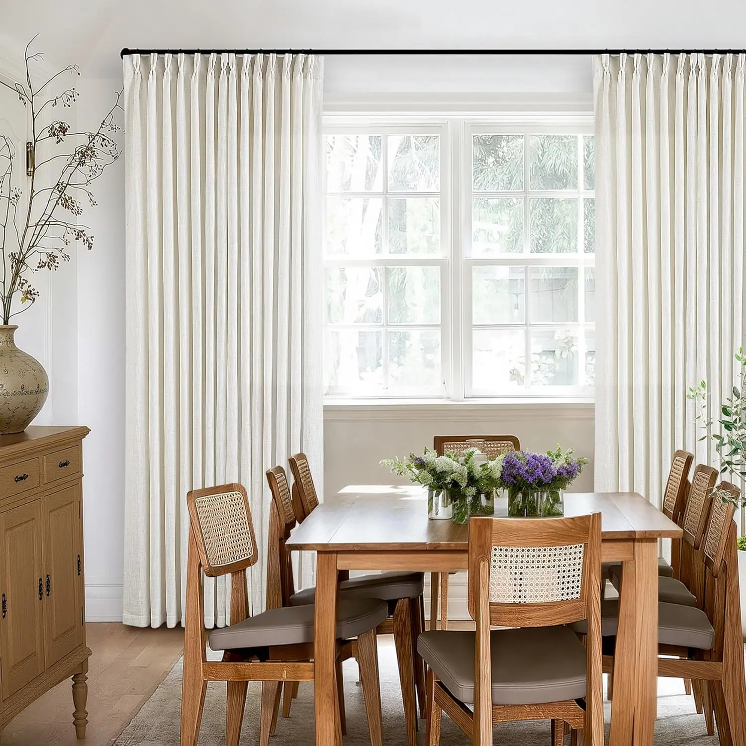 Natural Pinch Pleated Linen Curtains 84 Inch Length 2 Panels for Living Room Bedroom Textured Cream Ivory Birch Semi Sheer Boho Neutral Back Tab Pinch Pleat Hooks Rings Window Curtain 84 Inches Long
