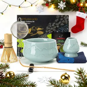 TEANAGOO Christmas Blue Matcha Set 7-Piece Matcha Kit with Gradient Ceramic Bowl Bamboo Whisk Scoop & Sifter Cozy Holiday Gift for Tea Lovers