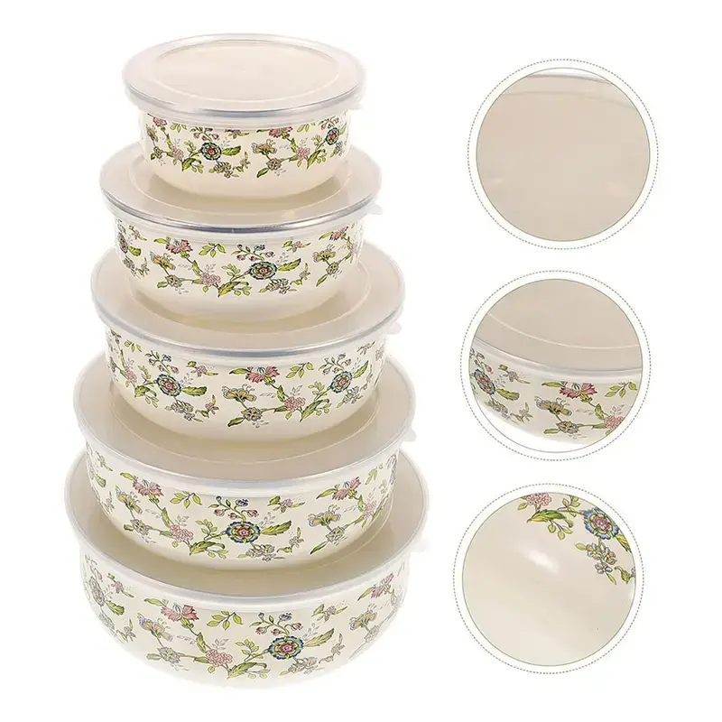 5-Pack Vintage Colorful Enamel Tableware Bowls Set with Lids - BPA-Free, Airtight, Leakproof, Dishwasher-Safe, Food-Grade, Nesting Sizes, Animals & Plants Designs - Versatile Storage Mixing Bowls for School, Travel, Tableware With Lids