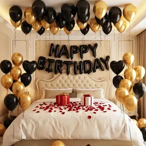 603Pcs black and gold balloon kit, including birthday letters, simulated petals, romantic birthday decorations, suitable for bedroom and living room, men's and women's birthday party decorations