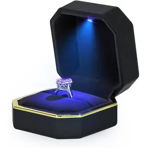 Luxury Ring Box, Square Velvet Wedding Ring Case Jewelry Gift Box with LED Light for Proposal Engagement Wedding Organiser