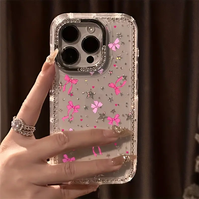 Heart Bow Luxury Rhinestone Fashion Phone Case, Transparent Sparkling Diamond Frame Star Case Anti-Drop Cover, Compatible with Phone 17 Pro Max 17 Air 16 15 14 Plus 13 12 11, Christmas Gift, New Year Gift, Easter Gift, Halloween Gift, for Friends