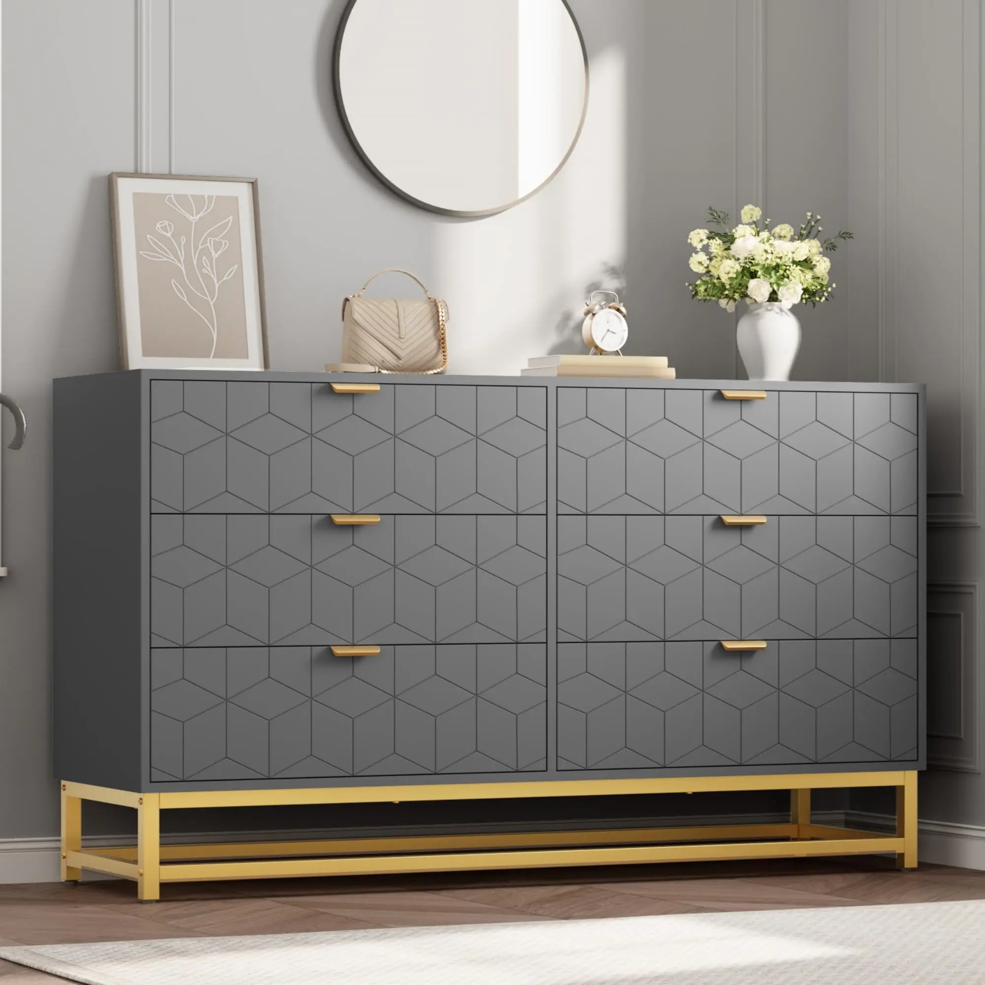 Gray Transitional 6-Drawer Dresser Drawer Cabinet - 15.8"d x 53.5"w x 31.5"h, Durable Waterproof Modern Floor-Standing Bedroom Organizer with Metal Legs, Wide Storage, Assembly Required for Living Room Use