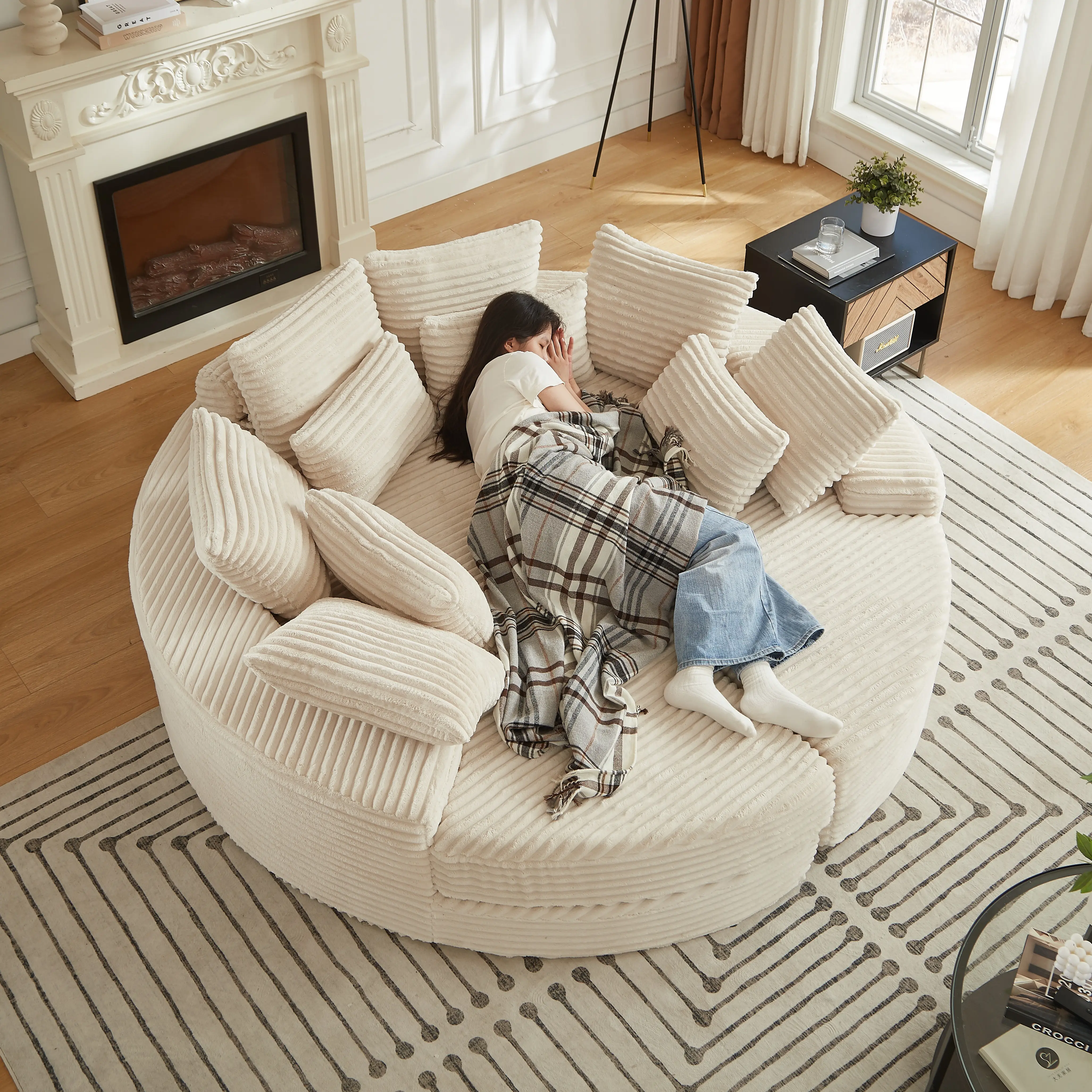 Niccae 78.5-in Corduroy Round Oversized Recliner Couch - 2-In-1 Sofa Bed with Fixed Arms, Cervical Neck Pillow, 5 Soft Throw Pillows (Sub 2 Packages) bean bag chair