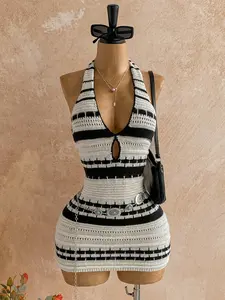 Black White Color Block Striped Knit Halter Vneck Sleeveless Short Mini Dress Hollow Out Cutout Backless Tie Bodycon Sundress For Women Summer Spring Beach Vacation Club Night Date Night Music Festival Brunch Y2K Boho Trendy Sexy Chic Outfit