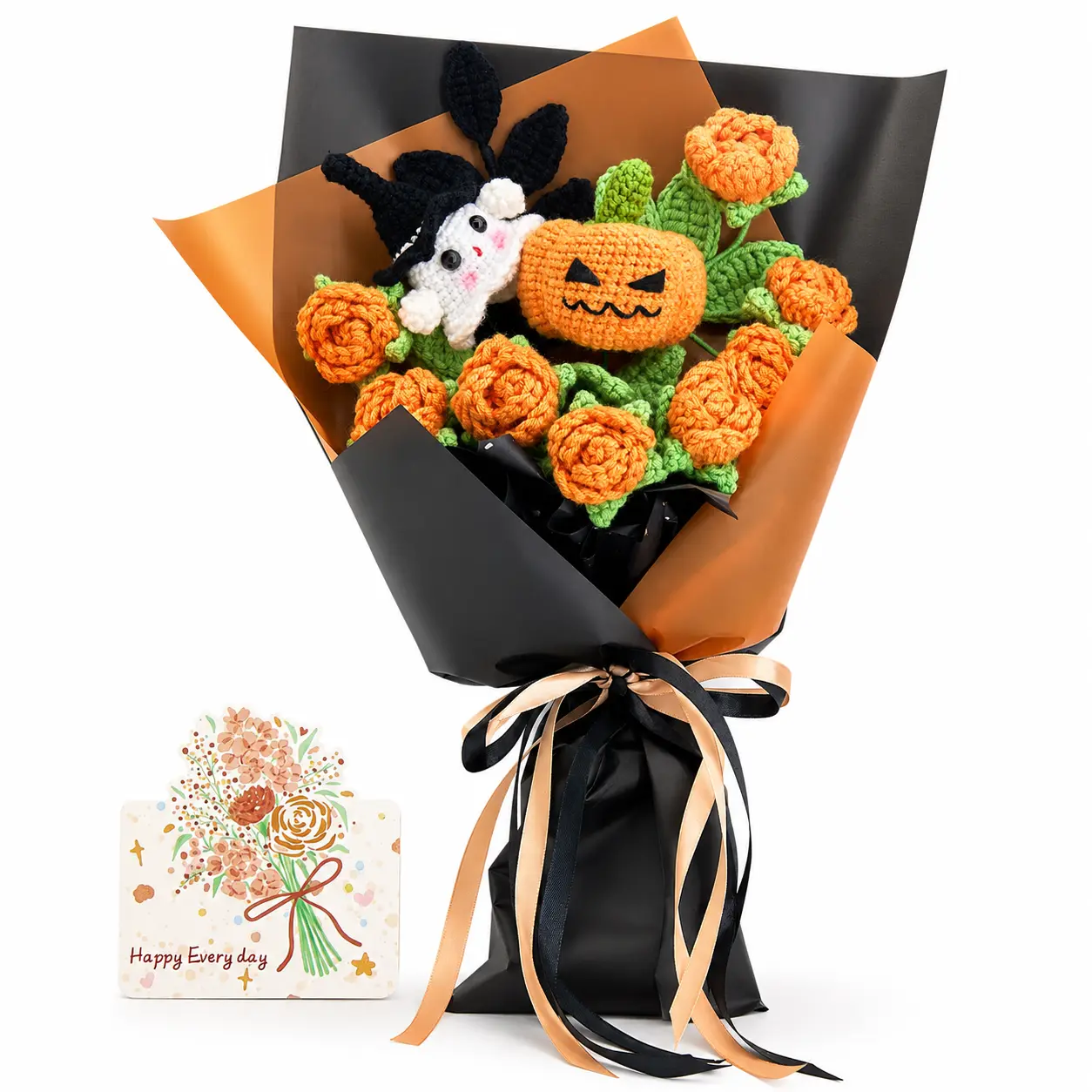 Handmade Halloween-Themed Crochet Artificial Flower Bouquet with Pumpkin & Ghost Designs, Black-Orange Wrapping, Home Decor Supply, Friend Gift