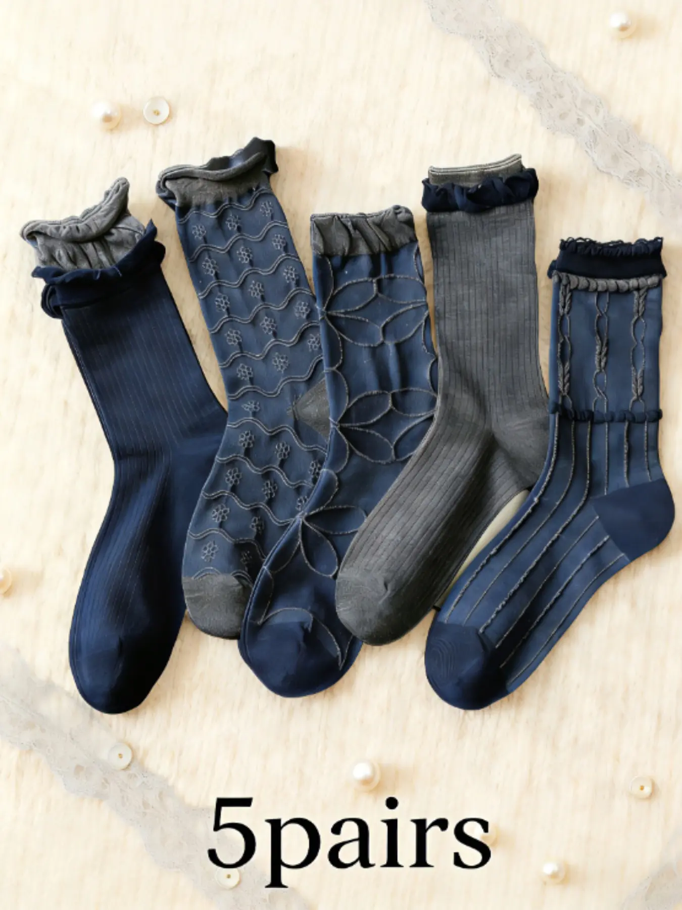 5 pairs of retro vintage navy blue lace-up mid-calf socks with comfortable floral embossed designs, Casual, suitable for women's daily wear and versatile matching accessories, Outfits, Lace Crew Socks, Casual Comfy Socks