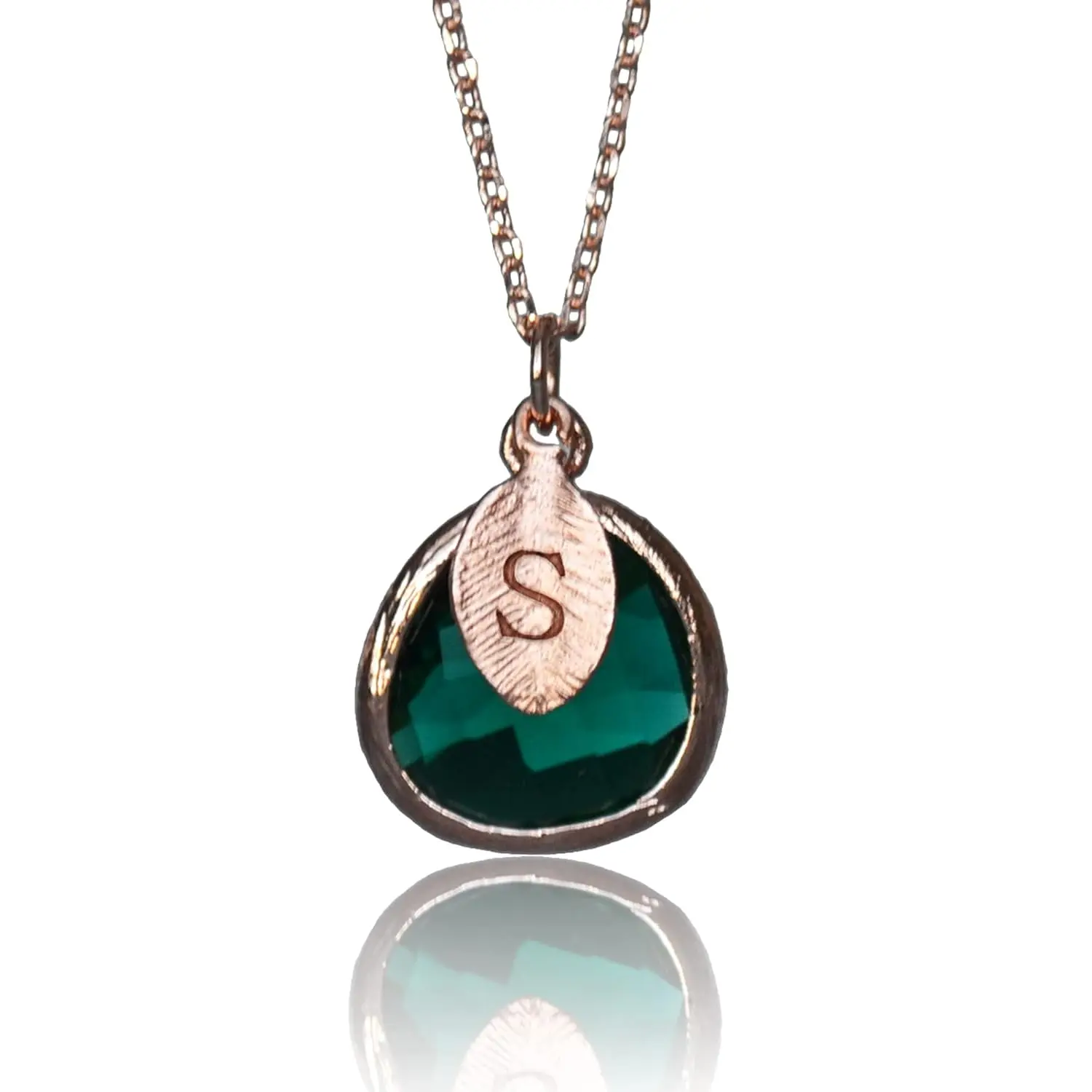 Emerald Necklace, May Birthstone Jewelry, Custom Initial on Leaf, Gift for Her, Emerald Pendant, Bridesmaid