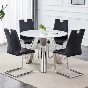 42" Sintered Stone Dining Set Brushed Silver Steel Base 4 PU Upholstered Chairs Modern Luxury Round Table Collection-W1512S00120 On-Site