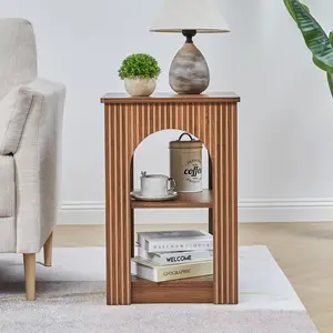 Giratree End Table with 3-Tier Storage, 15.74" Square Mid-Century Modern Side Table with Arched Carving Lines, Fluted Accent Table for Living Room/Bedroom/Office