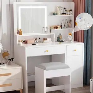 37" Vanity Desk with Mirror and Lights, LED Black Vanity Set with Stool and Power Outlet, Lighted Make up Vanity Desk with Drawers and 3 Lighting Modes for Women