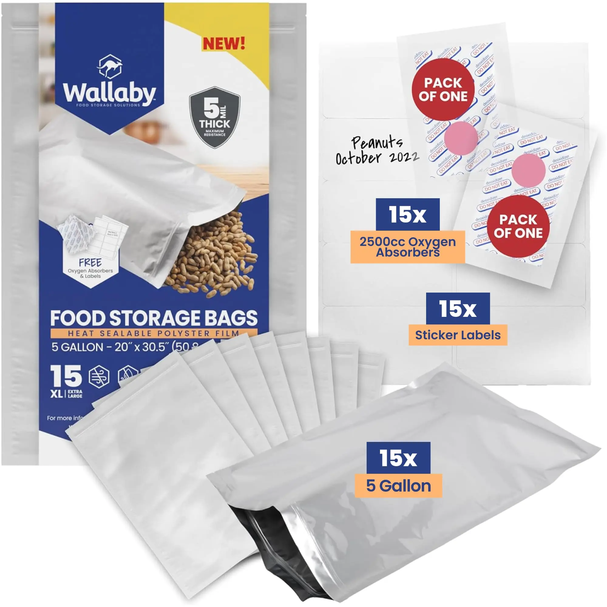 Wallaby 5-Gallon Mylar Heat-Sealed Storage Bags (15 Count) - 10 Mil Thickness, Resealable Airtight Silver Storage Pouch, Sealed Pack for Emergency Preparedness, Food & Beverage Home Organizer Container