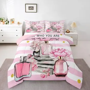 Feelyou Microfiber Bedding Set - Pink and White Striped Floral Quilt Set, Modern Girly Comforter, Soft Breathable Blanket with Breathable Fill, Multi-Size Duvet Insert for Teens' Bedrooms