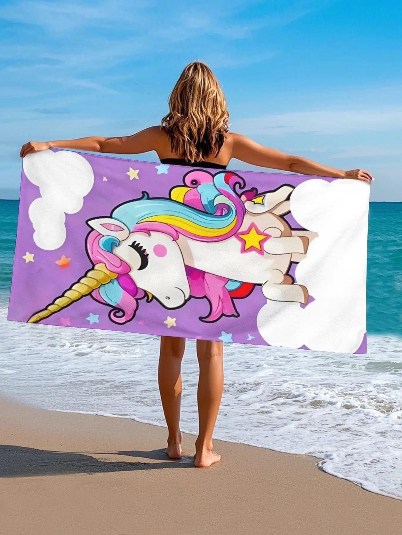 Rainbow Unicorn Print Bath & Beach Towel, Unisex Synthetic Microfiber Fabric, High Absorbency, Machine-Washable & Hand-Washable, Ideal for Coastal Trips & Swimming Pool Use, Hand Wash