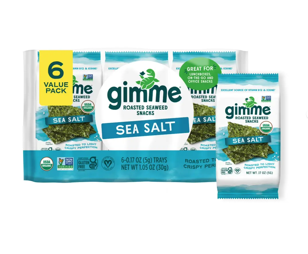 Organic Non-GMO Dried Seaweed Snacks - Premium Roasted Seaweed Sheets, Sea Salt Flavor, 6 Count, Edible Sea Vegetables Made with Avocado Oil, Teriyaki & Wasabi Options