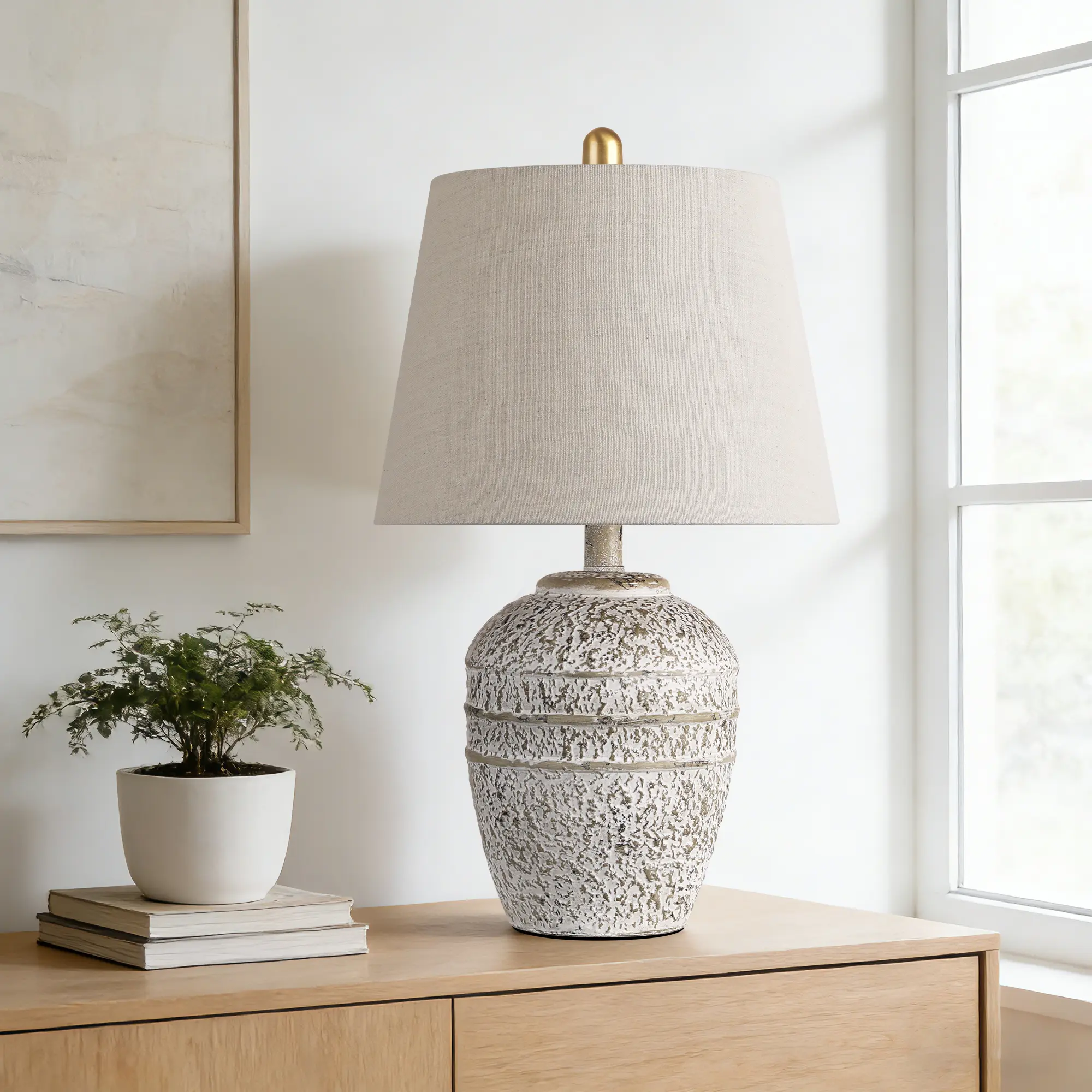 Rustic Farmhouse Ceramic Table Lamp for Living Room Bedroom, Modern Bedside Lamp with Linen Shade, Natural Distressed Earth Tone Finish Table Lamp for Night Stands, Dining, Office, Grey