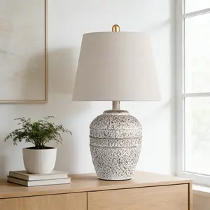 Rustic Farmhouse Ceramic Table Lamp for Living Room Bedroom, Modern Bedside Lamp with Linen Shade, Natural Distressed Earth Tone Finish Table Lamp for Night Stands, Dining, Office, Grey