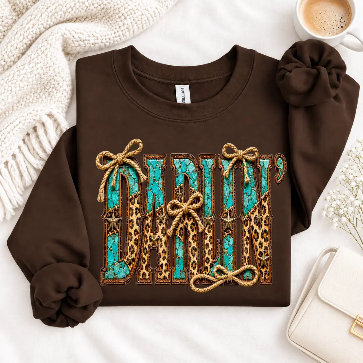 [Only Printed] Darlin' Western Sweatshirt, Turquoise Leopard Print Cowgirl Crewneck, Rustic Rope Bow Pullover, Southern Country Gift for Women