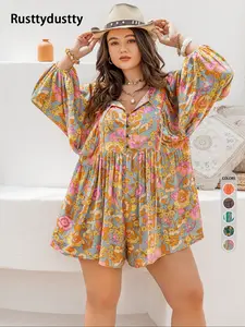 Plus Size Floral Print Fake Buttons Romper, Boho Tie Neck Lantern Sleeve Tie Waist Jumpsuit, Women's Clothes for Beach Vacation Holiday