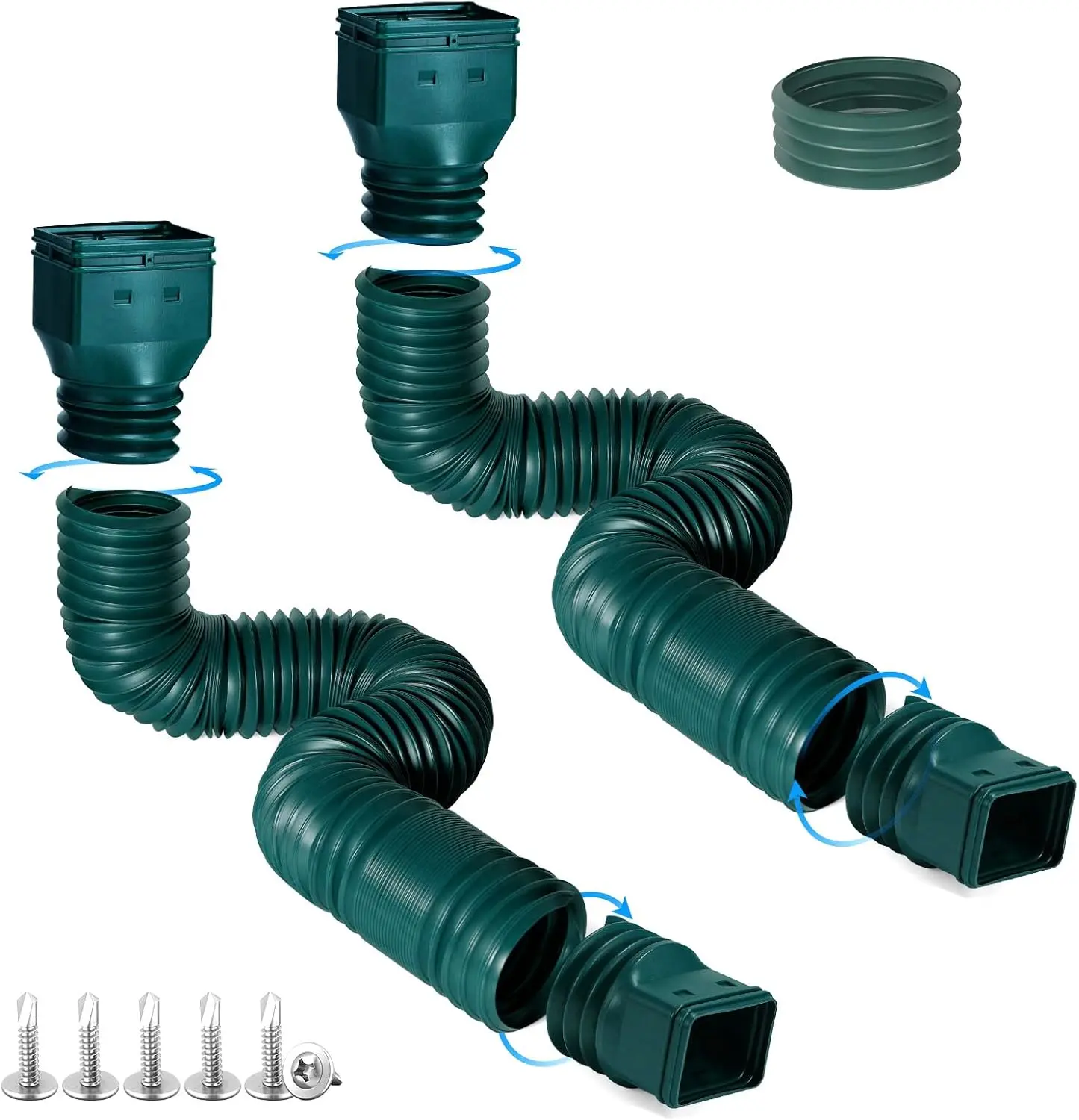 2 Pack Rain Gutter Downspout Extensions, Flexible Downspout Extender with 58"+68" Extendable Pipes for Rain Water Drainage, Durable Down Spout Drain Extension with Connector (Green)