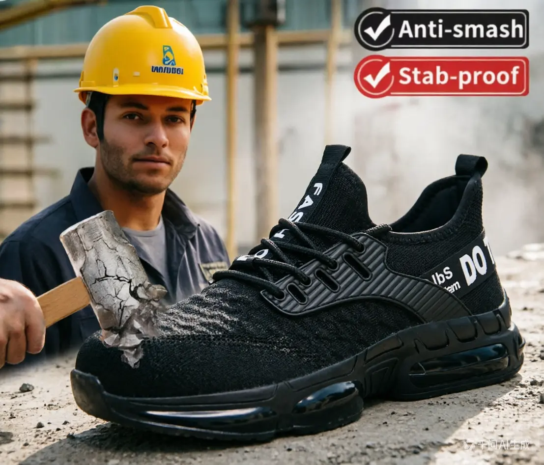 Men’s safety shoes, impact-resistant and puncture-resistant, lightweight work footwear with steel toe cap, soft sole, odor-resistant, traditional safety style with steel plate, suitable for construction sites in all seasons