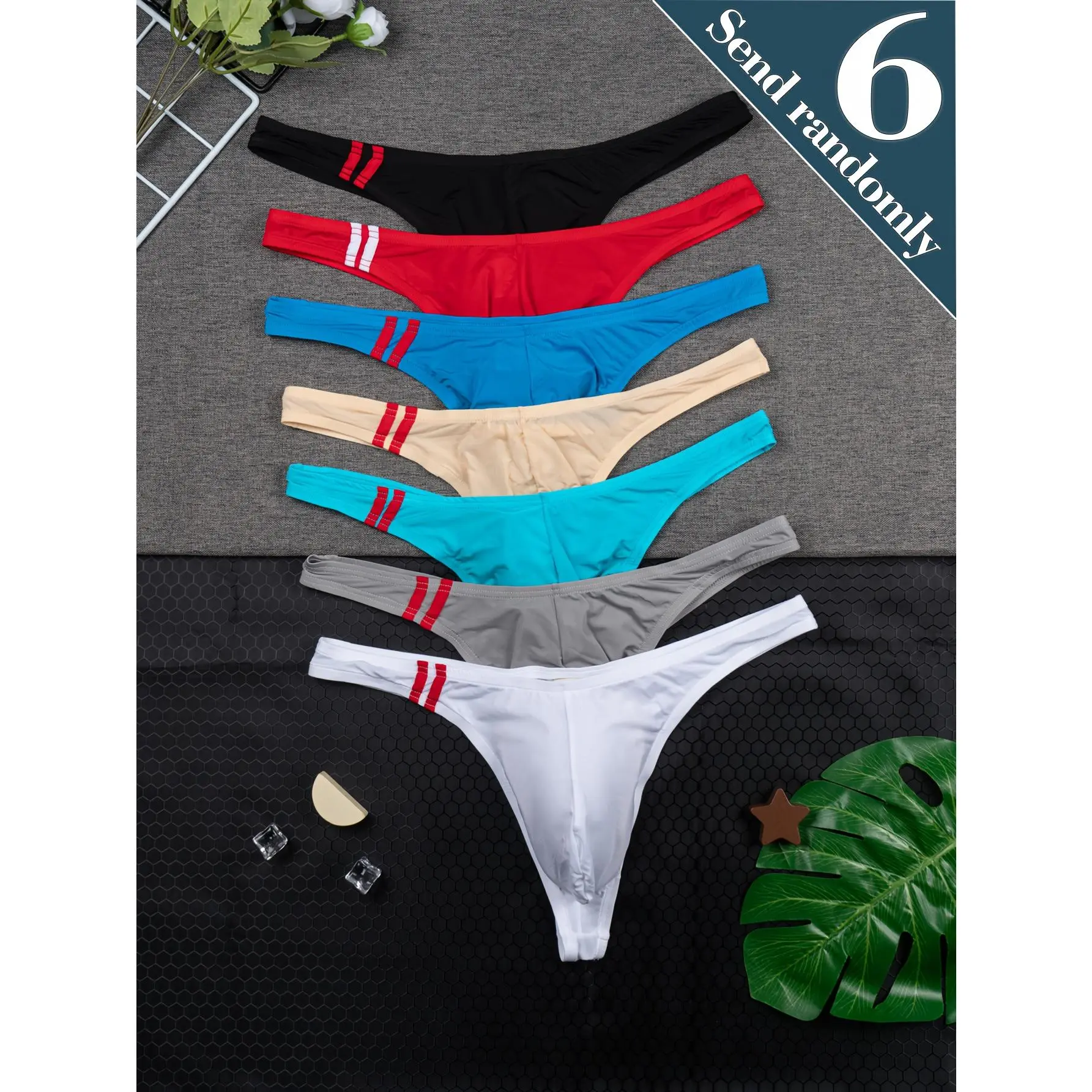 Men's Striped Thong Panty 6-Pack - Soft Seamless Stretch Knit Underwear, Breathable No-Show Fit for All-Day Comfort, Chic