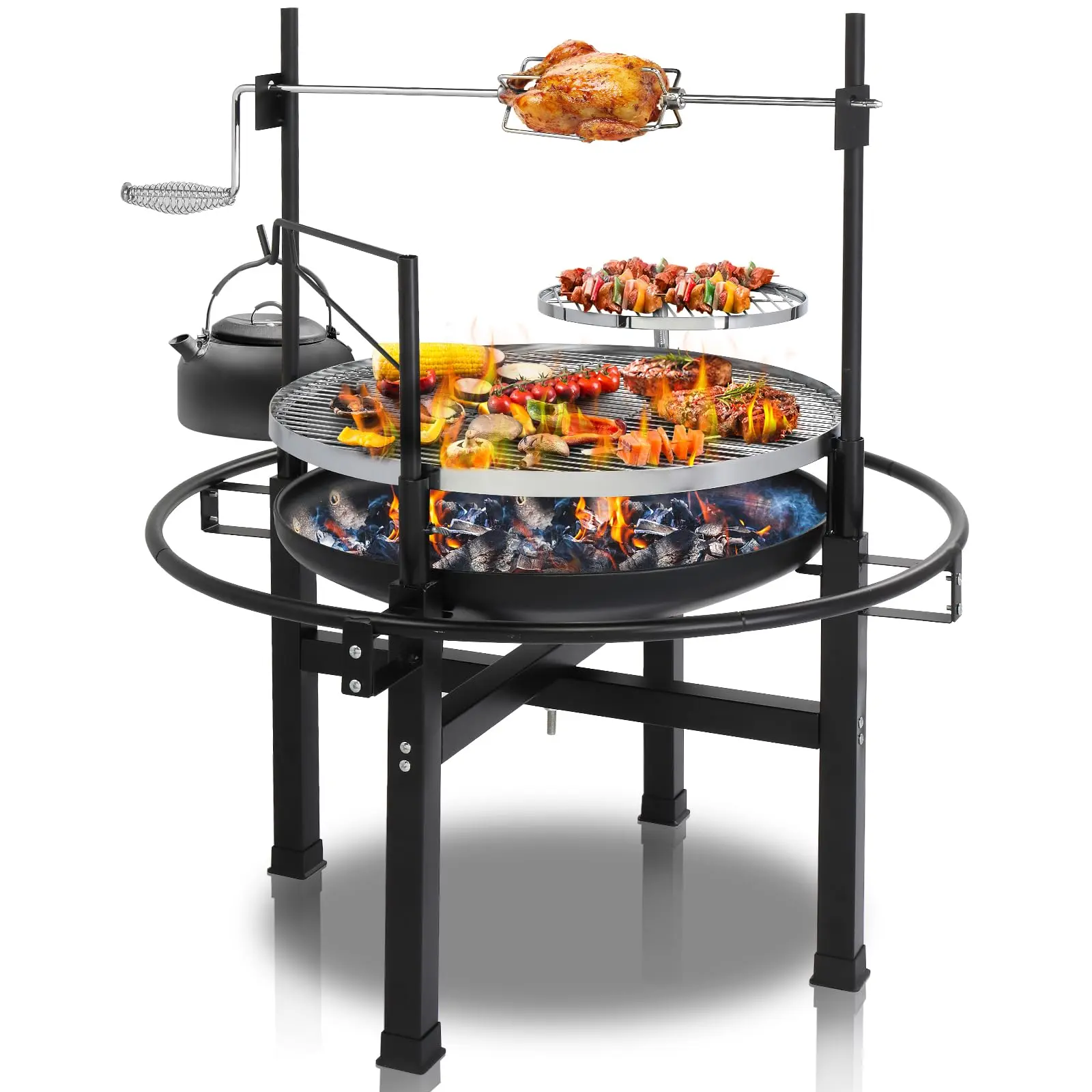 33-Inch High Temperature Resistant Outdoor Round Cast Iron Portable Charcoal BBQ Grill (26.7lbs) - Multifunctional Fire Pit Table with Loop Handle, Solid Base, Travel Bushcraft Stove for Backyard, Outdoor Patio, Barbecue, Cooking Bbq Camping