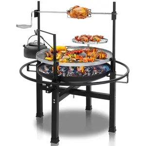 33-Inch Outdoor Round Iron Spray Portable Charcoal Grill - Multifunctional Fire Pit Table with Loop Handle, Solid Base, Travel Barbecue Stove for Backyard, Camping Cooking BBQ