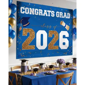Class of 2026 Graduation Banner  - Large CONGRATS GRAD Polyester Banner, Photo Backdrop & Wall Decor for Commencement Party Supplies, Blue Gold Graduation Party Decorations for High School & College