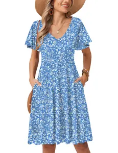 ZEAGOO DealsForYouDays  Womens Summer Dress Casual Swing Floral Ruffle Short Sleeve Sundresses Beach Mini A-line Shift Dress 2025 with Pockets