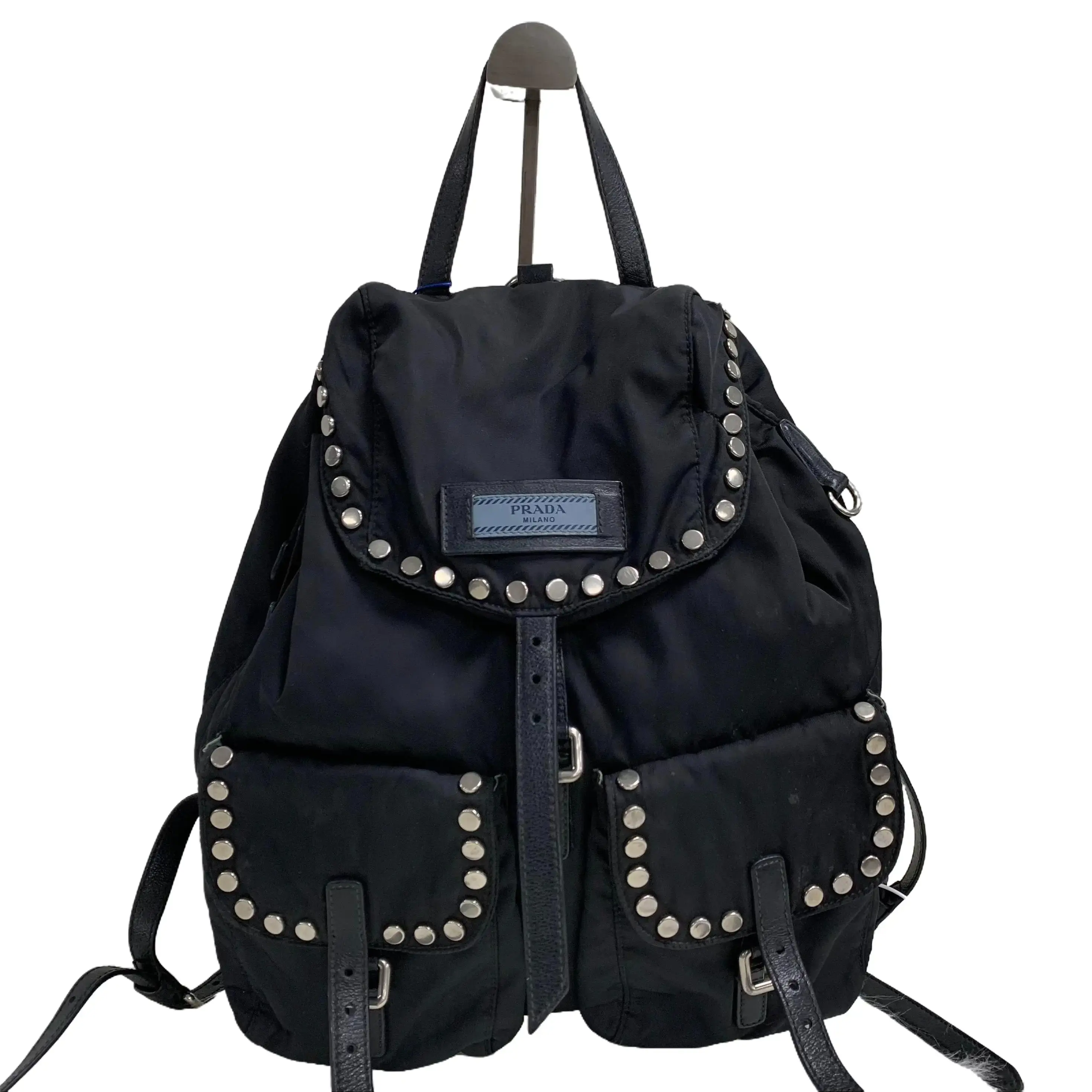 Pre-owned PRADA Black Nylon Studded Backpack Vintage Luxury Bag/WJ12229782