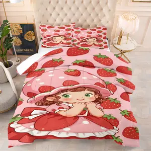 Strawberry Shortcake Themed Comforter Set, Including 1 Comforter and 1-2 Pillowcases Coreless, Strawberry & Cute Character Girls Print, Sweet Girl’s Bedroom Decor, Perfect Gift for Kids Teens Girl and Cartoon Fans